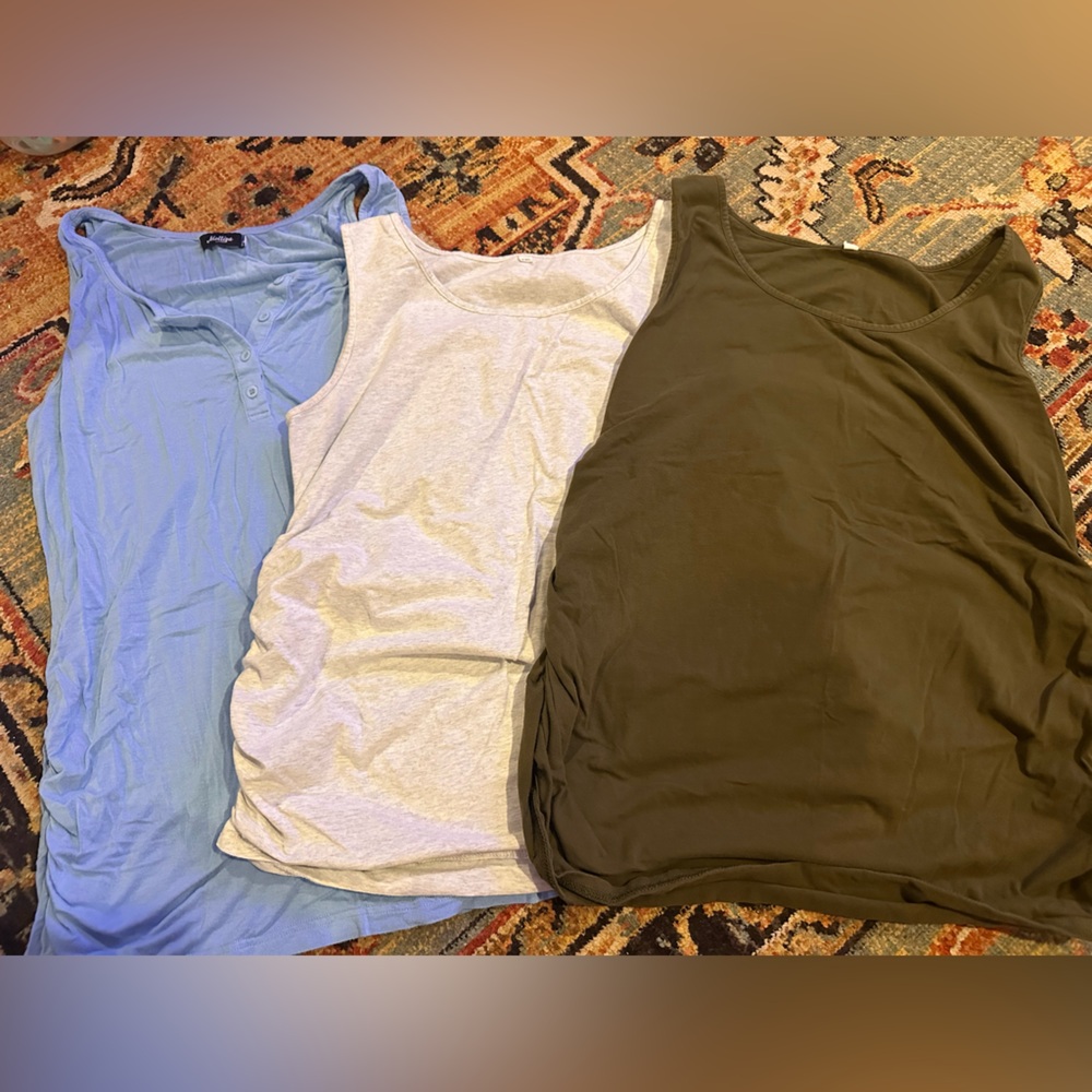 Set of Three Maternity Sleeveless Tops in Blue, Gray, and Olive
